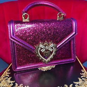 Dolce & Gabbana Glitter Metallic Lizard Small Devotion Top Handle Bag Fuchsia